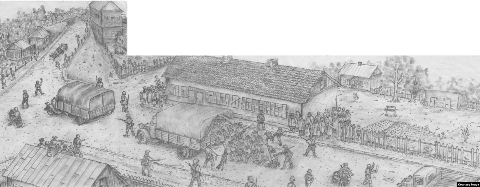 23 июня 1941 года. Первые аресты евреев – молодежи 14-20 лет. Их схватили в жилых домах Граевки. Аресты сопровождались избиениями, людей травили собаками. Арестованных вывезли на двух машинах. Больше их никто не видел. Рисунок Владимира Губенко