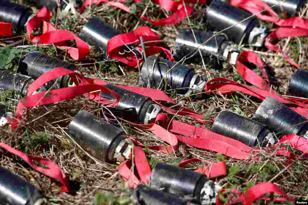 Unexploded cluster bomblets collected after recent shelling during the military conflict over Nagorno-Karabakh are seen in the outskirts of Stepanakert (Khankendi) on October 12, 2020. Neither Armenia, nor Azerbaijan has signed the 2008 United Nations Convention on Cluster Munitions that bans the use of these devices.&nbsp;