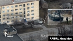 БМД-4, с которой постоянно передвигается сержант ВС РФ Борзунов, стоит рядом с домом, в котором убили гражданского жителя Бучи Евгения Петрашенко. Утро 5 марта 2022 года. Буча, улица Яблонская