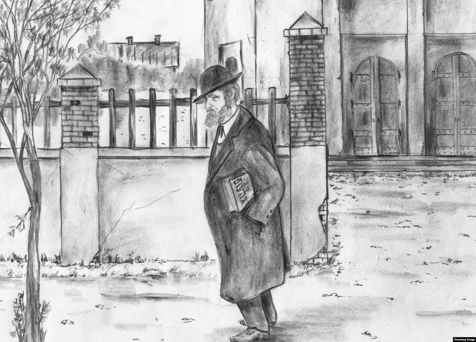 Мужчина идет из Большой синагоги на улице Советской, 1940 год. Рисунок Владимира Губенко